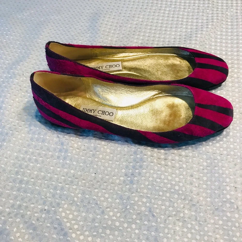 Jimmy Choo Pink and Black Striped Suede Ballet Flats